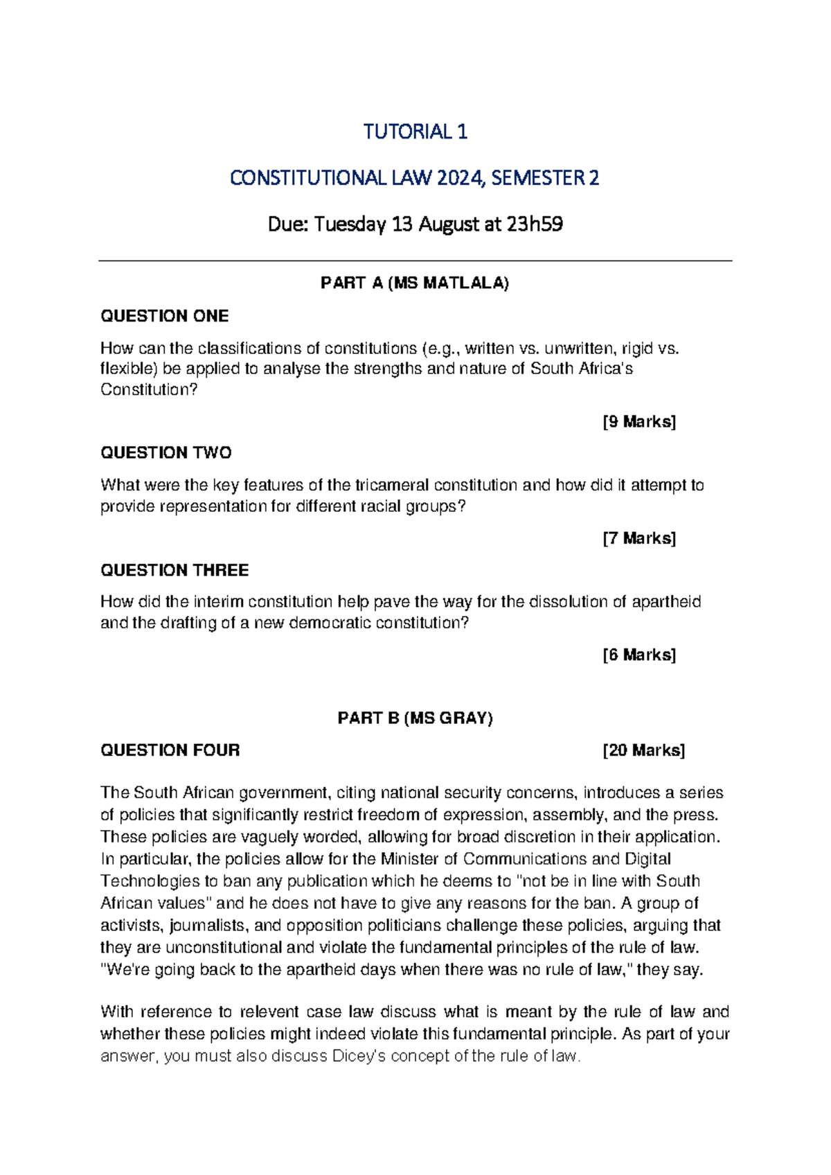 Tutorial 1 - Questions - TUTORIAL 1 CONSTITUTIONAL LAW 2024 , SEMESTER ...