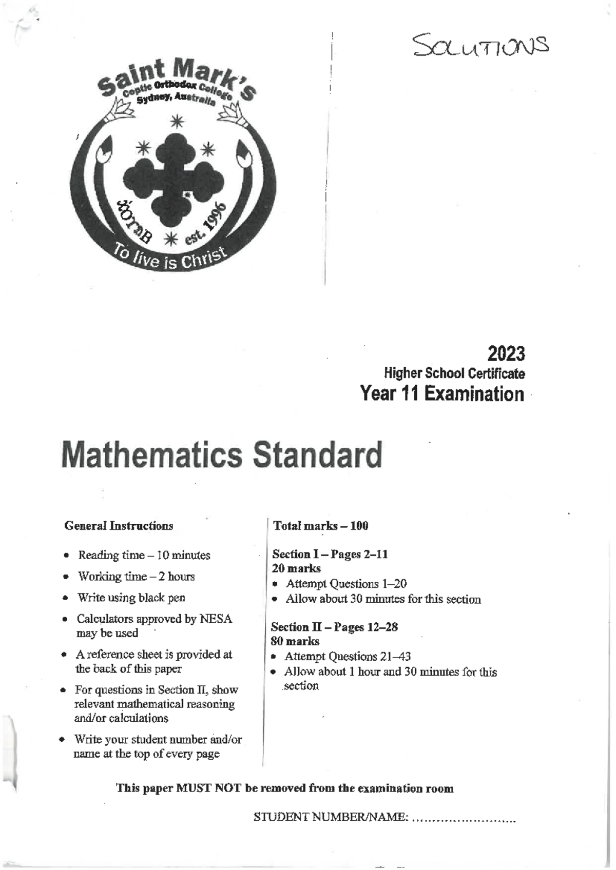 2023 Yr 11 Mathematics Standard Prelim Solutions - SOLUTIONS saint ...