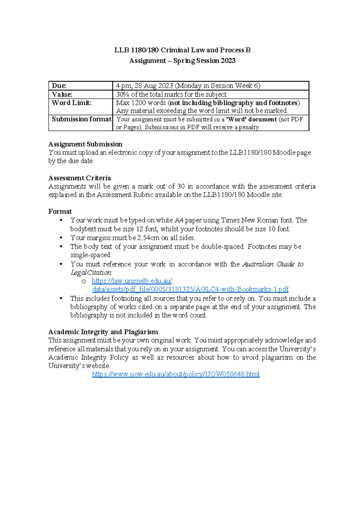 Crim B mid-semester assignment 2023 - LLB 1180/180 Criminal Law and ...