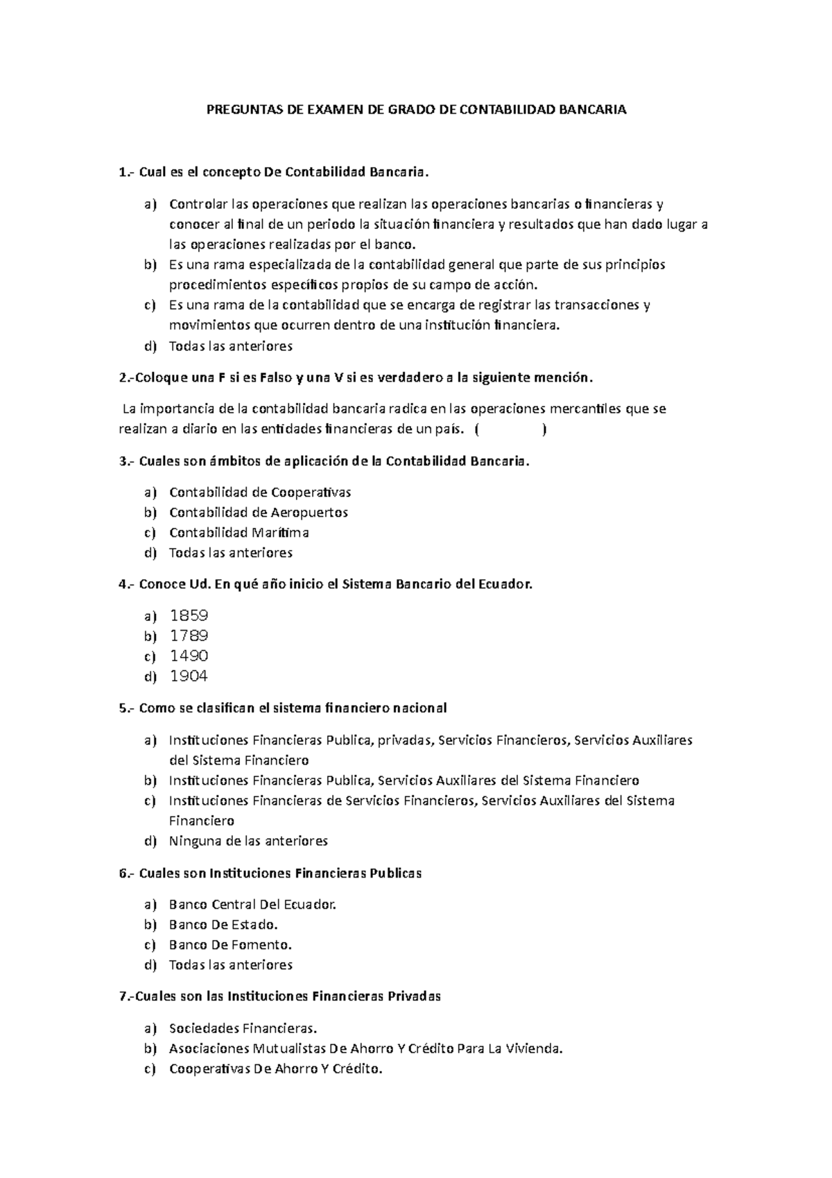 Preguntas De Examen De Grado De Contabilidad Bancaria Preguntas De