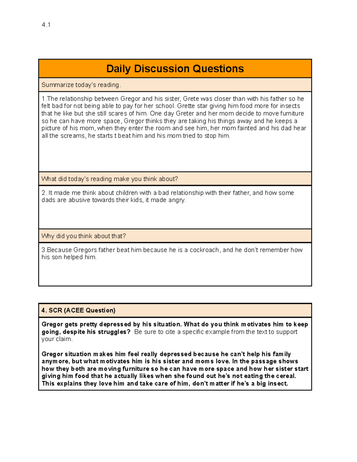 4.1 Metamorphosis CH2 (1) 444 4. Daily Discussion Questions Summarize