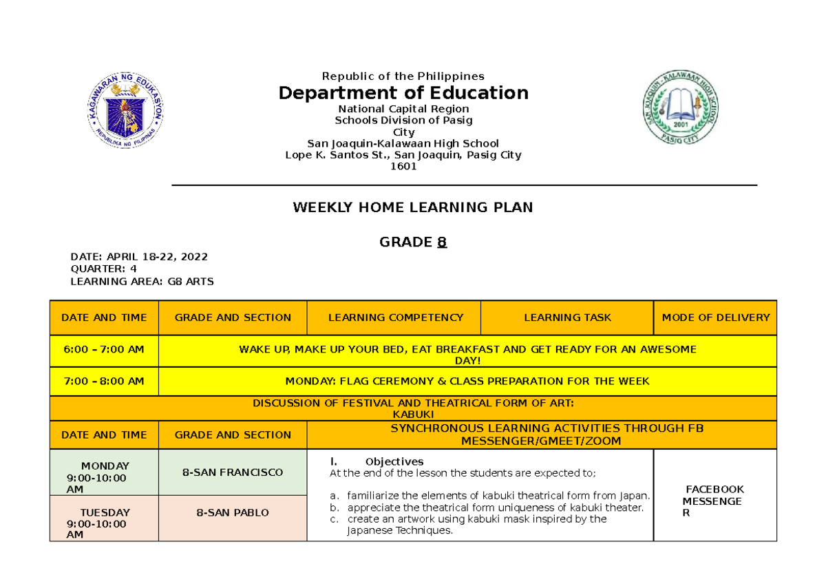 Cot 1 Arts Lesson Plan Republic Of The Philippines Department Of Education National Capital 2986