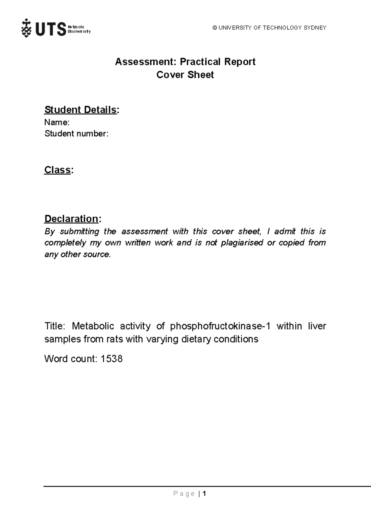 91320 Practical Report - Biochemistry © UNIVERSITY OF TECHNOLOGY SYDNEY ...
