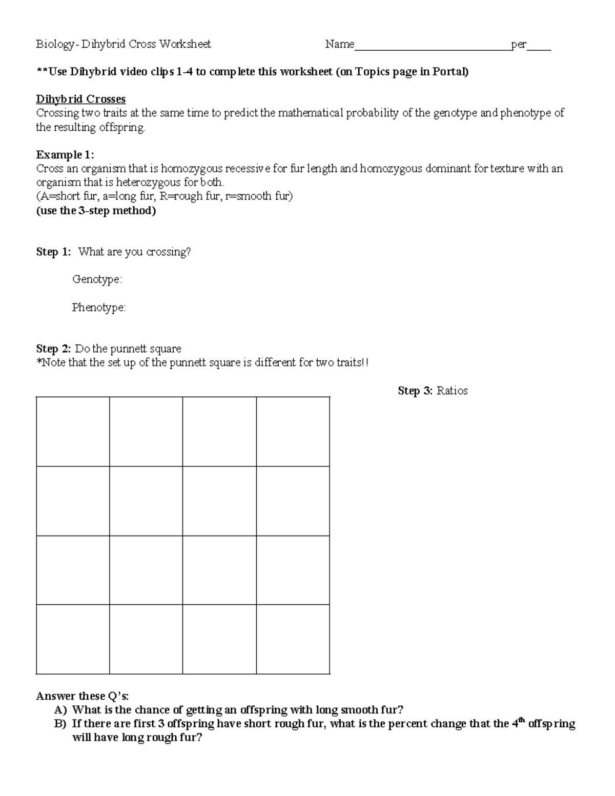 Dihybrid Cross Sheet 16 - Biology- Dihybrid Cross Worksheet Name