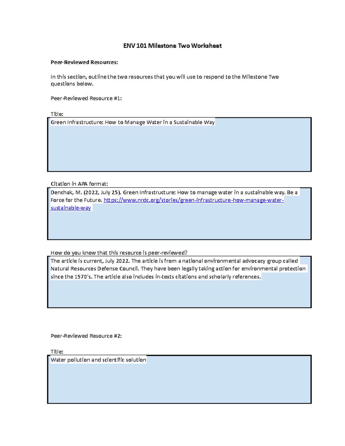 ENV 101 Milestone Two Worksheet - ENV 101 Milestone Two Worksheet Peer ...