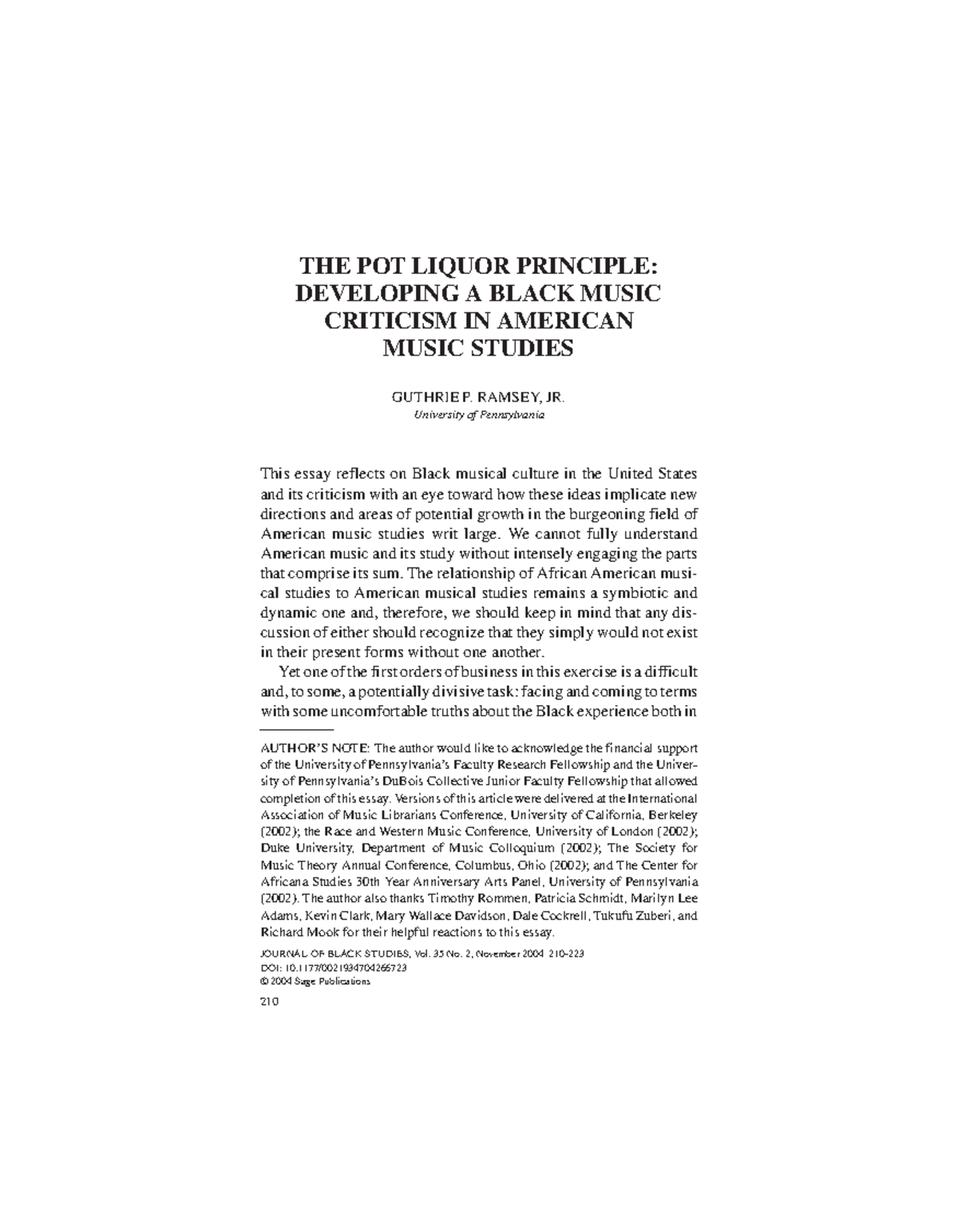 Ramsey 2004 The Pot Liquor Principle Developing a Black Music Criticism in American Music