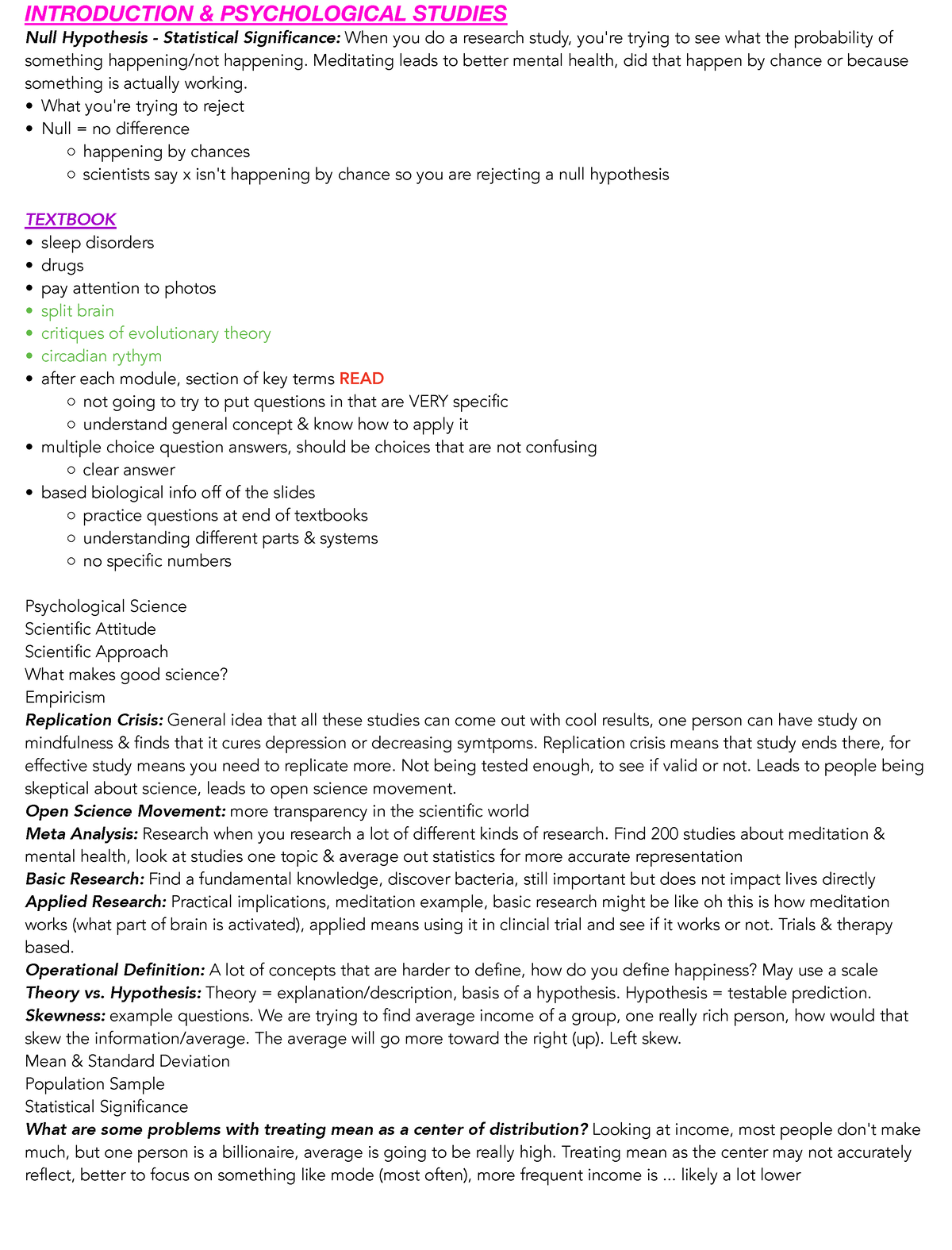 EXAM 1 Review - INTRODUCTION & PSYCHOLOGICAL STUDIES Null Hypothesis ...