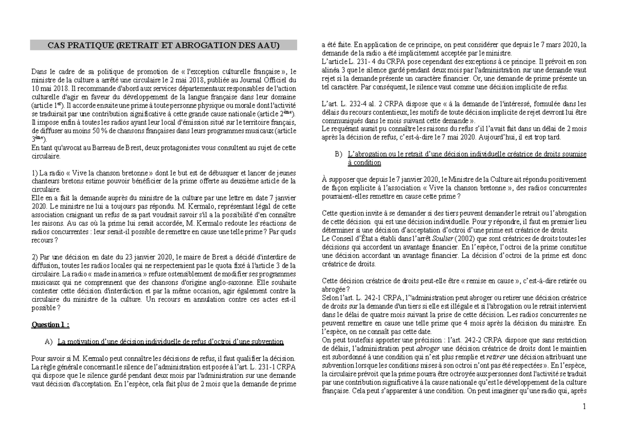 Corrigé cas pratique (Retrait et abrogation AAU) Sabine Boussard - 1