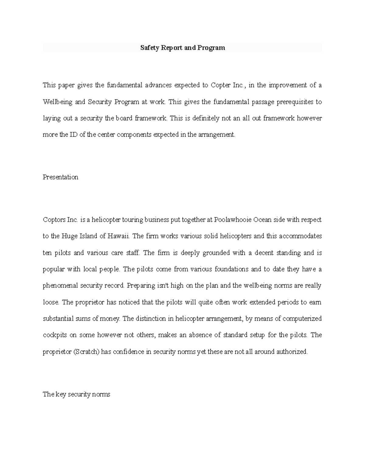 Safety Report and Program - , in the improvement of a Wellbeing and ...