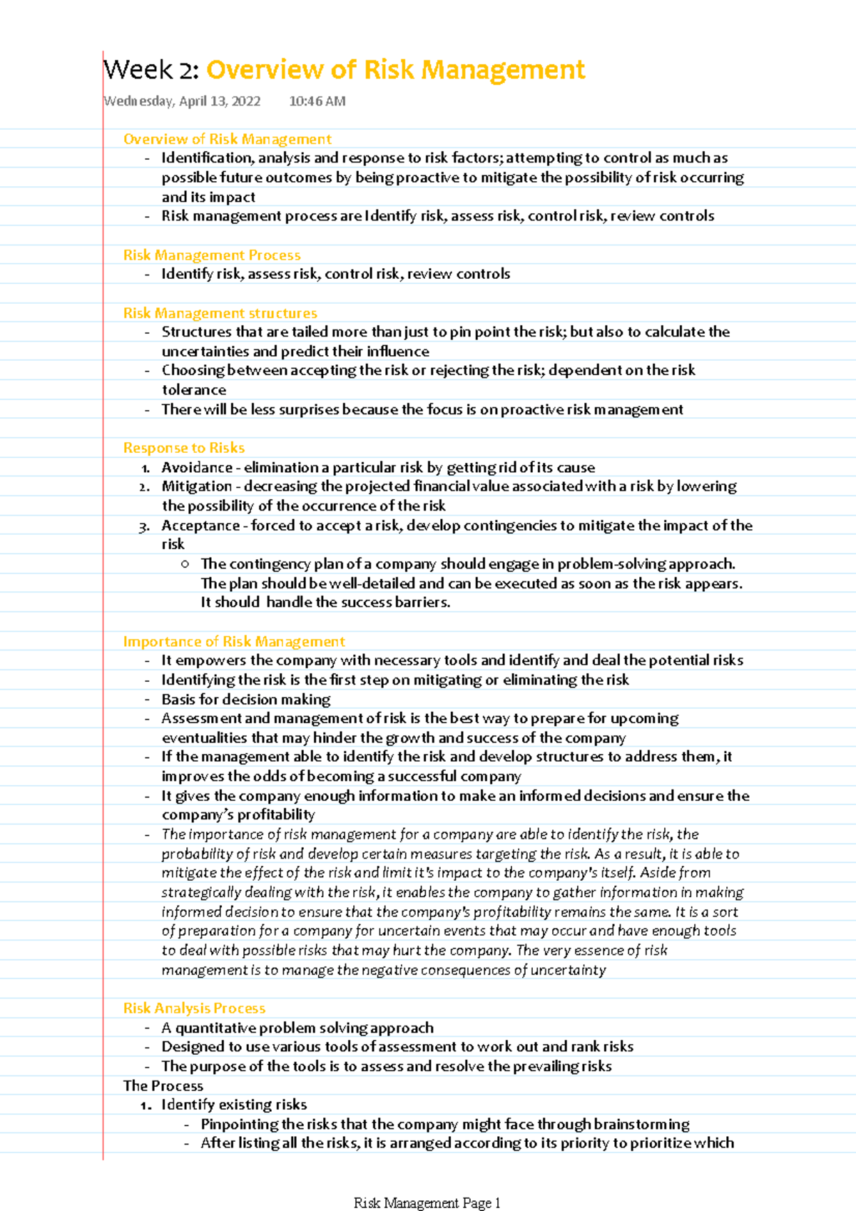 Week 2 - About the basic principles of risk management and examples of ...