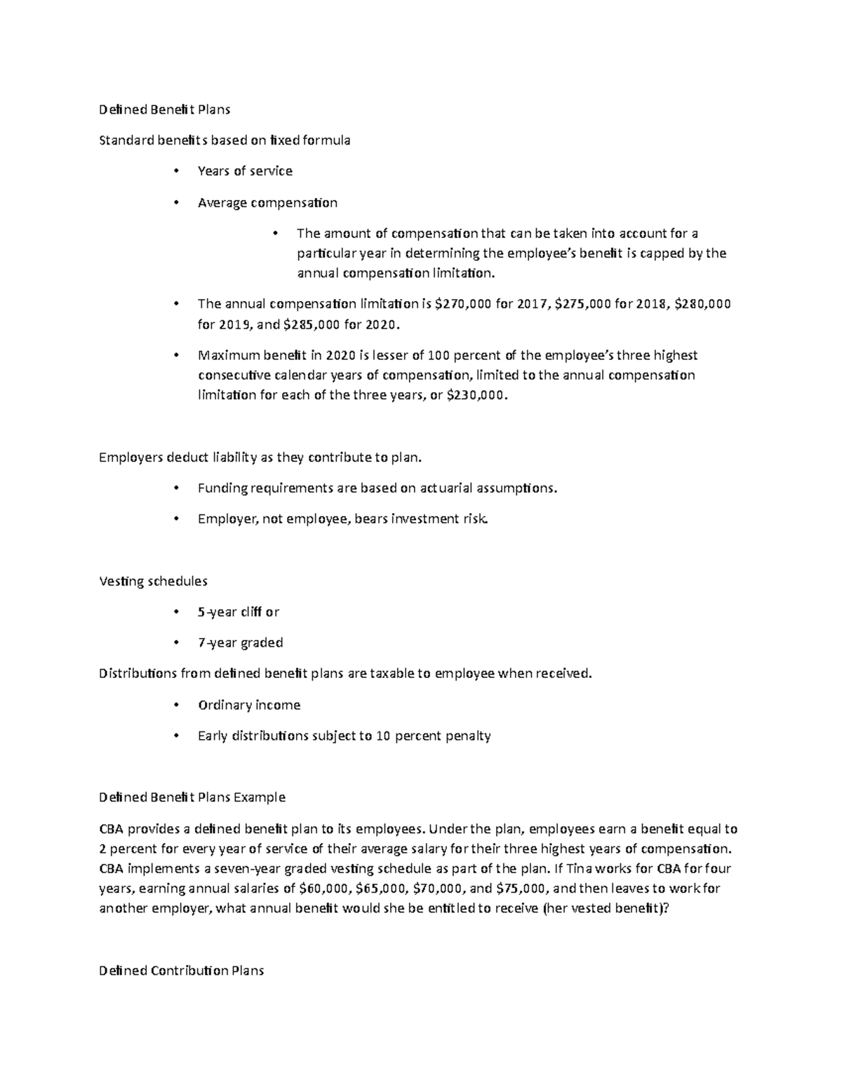 Lecture Notes 25a - Defined Benefit Plans Standard benefits based on ...