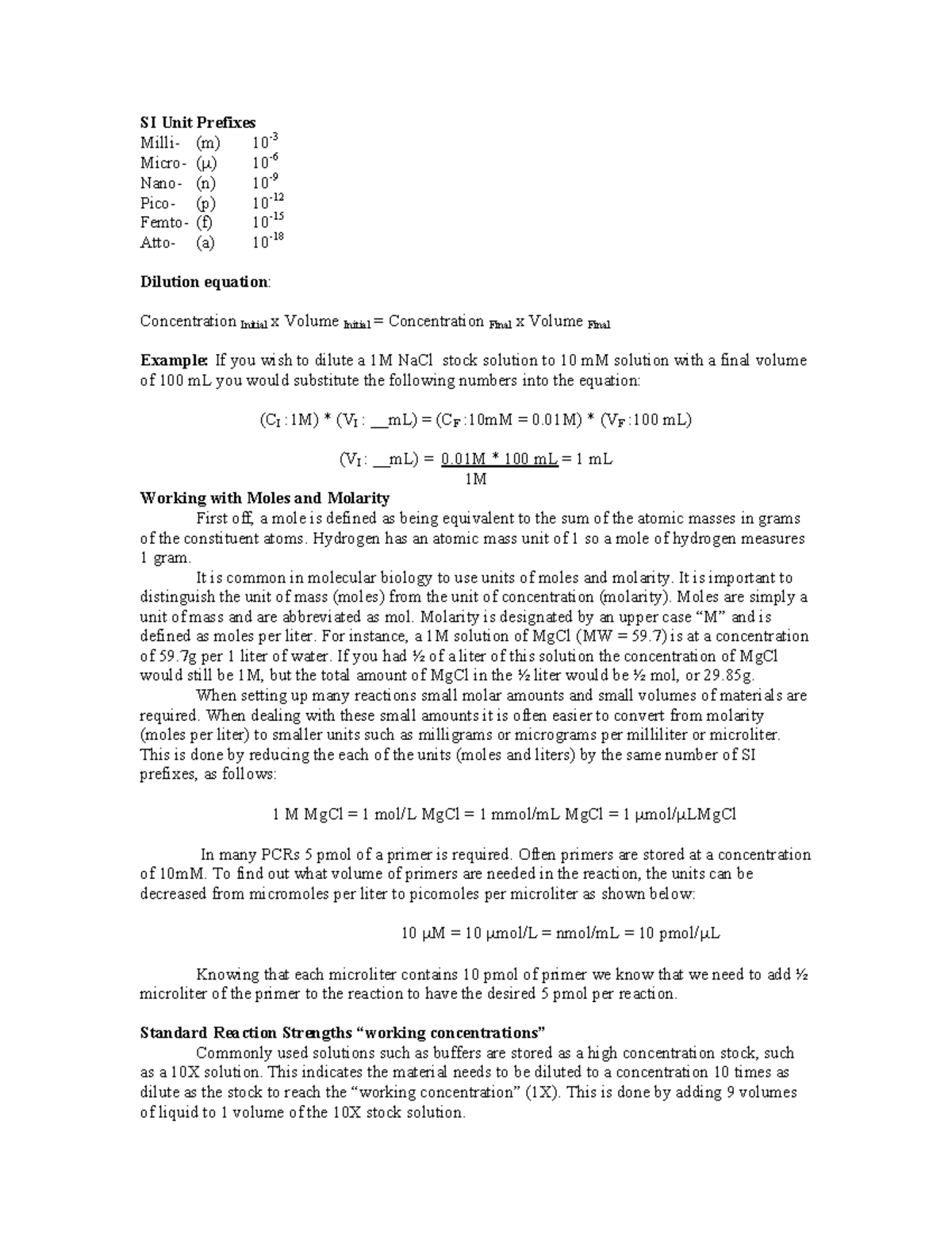 Mol Bio Worksheet Theory Dna Techniques SI Unit Prefixes (m