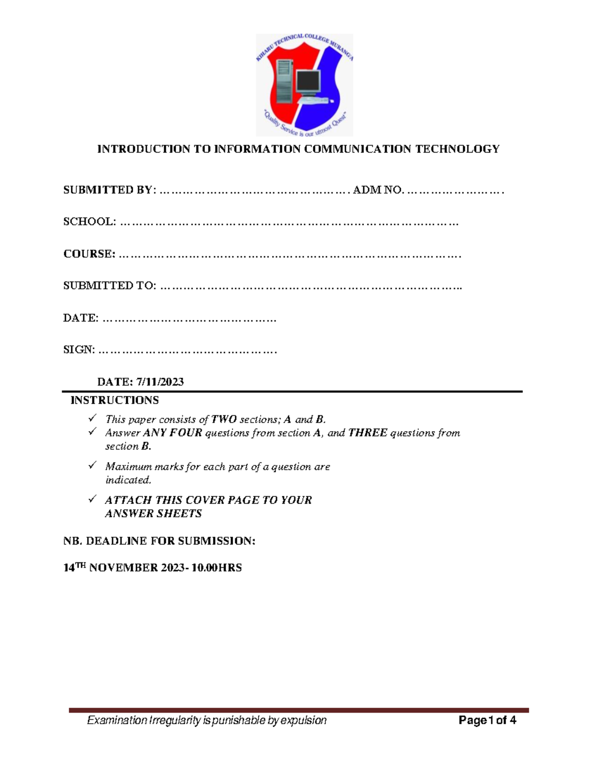 ICT CAT EXAM - revision questions - INTRODUCTION TO INFORMATION ...