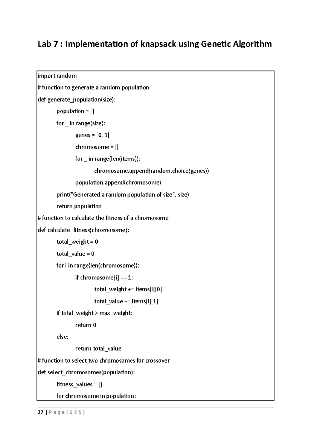 Codes about genetic algorithm (knapsack) - Lab 7 : Implementation of ...
