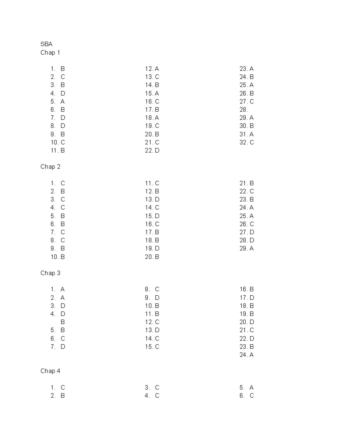 SBA Answer Key - SBA Chap 1 1. B 2. C 3. B 4. D 5. A 6. B 7. D 8. D 9 ...