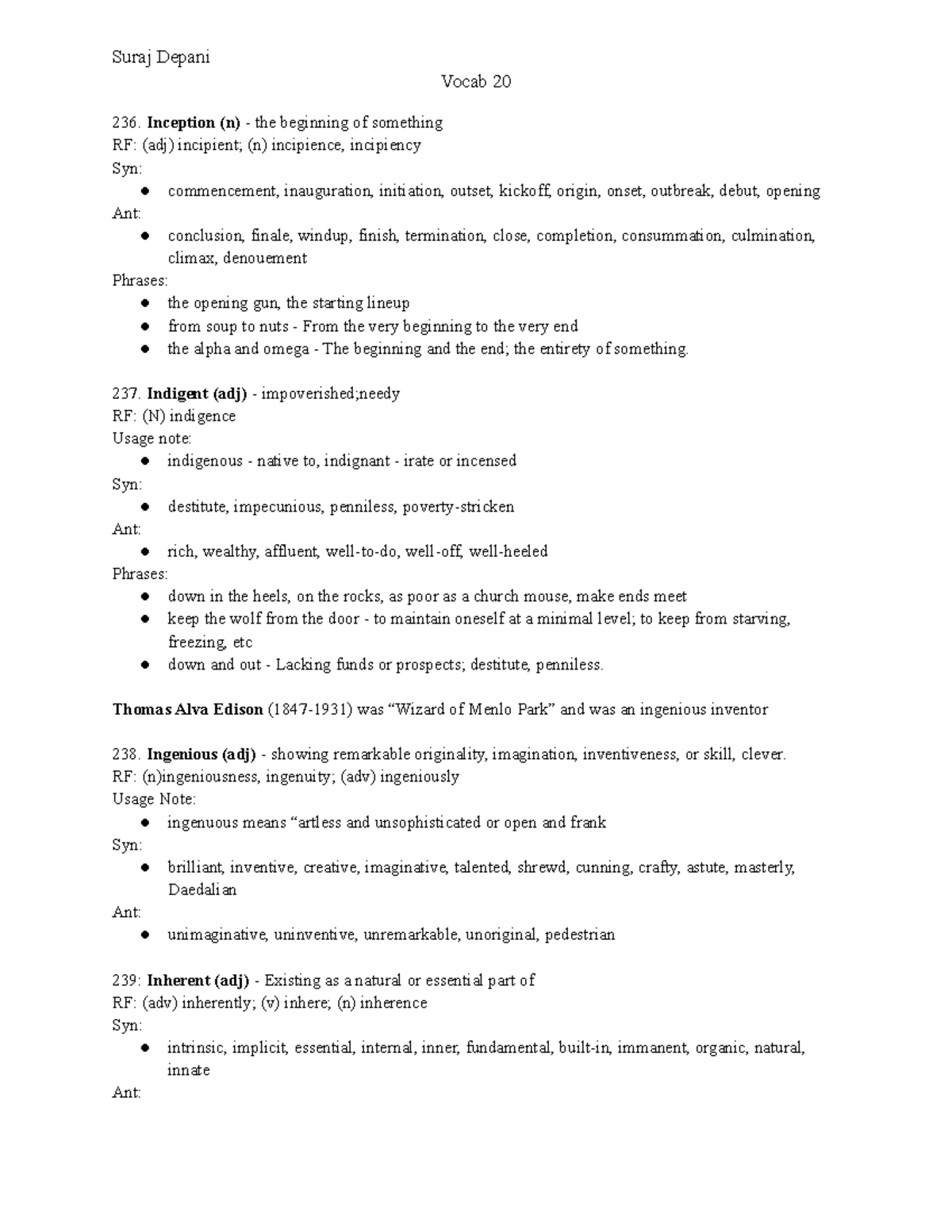 Vocab 20 - Suraj Depani Vocab 20 Inception (n) - the beginning of ...