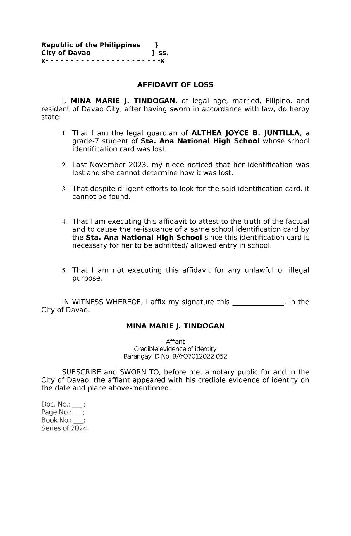 Mina - AFFIDAVIT OF LOSS FOR MINORS - Republic of the Philippines ...