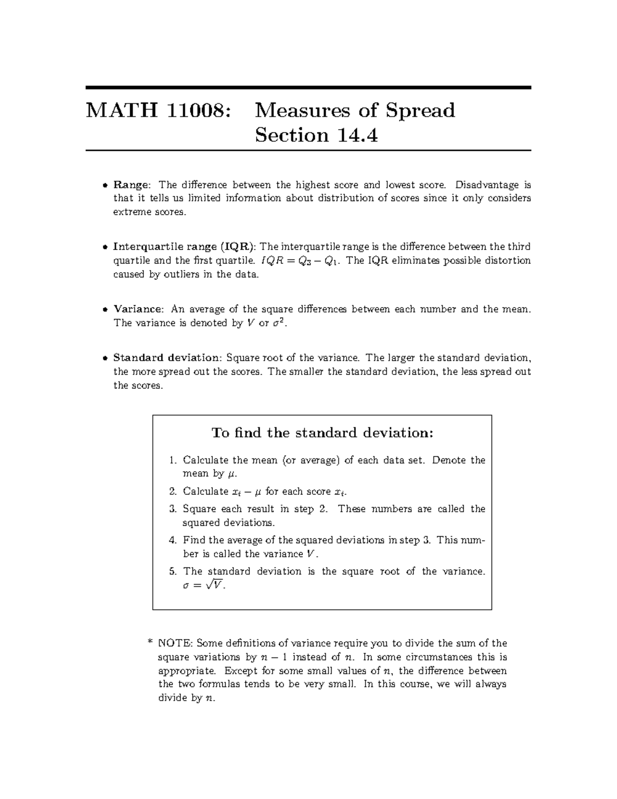 Measures Of Spread MATH 11008 Measures of Spread Section 14. Range