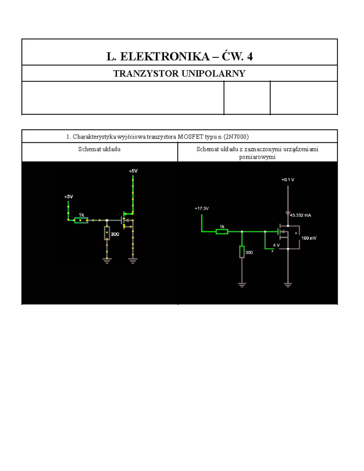 CW4 - Tranzystor unipolarny - L. ELEKTRONIKA – ĆW. 4 TRANZYSTOR ...