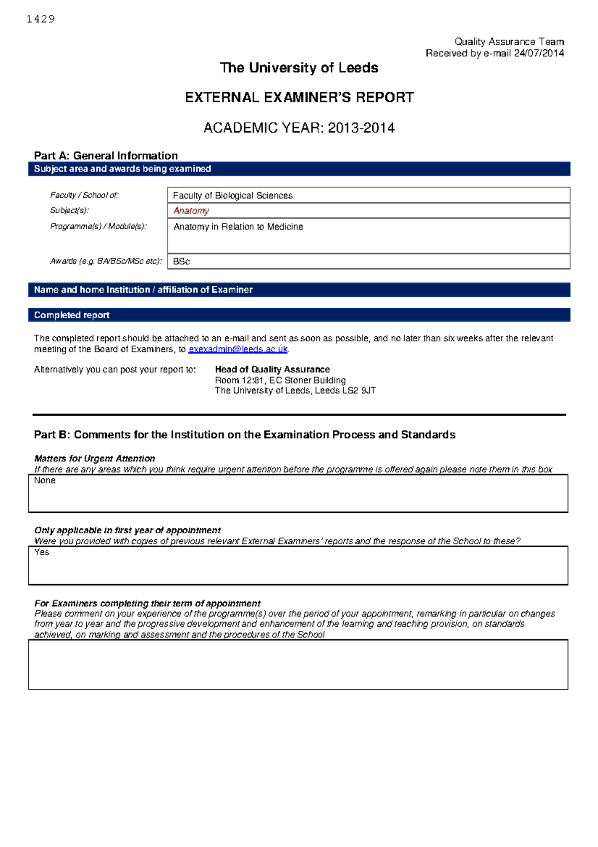 Examiner Report BSc Anatomy in Relation to Medicine 2014 - Quality ...