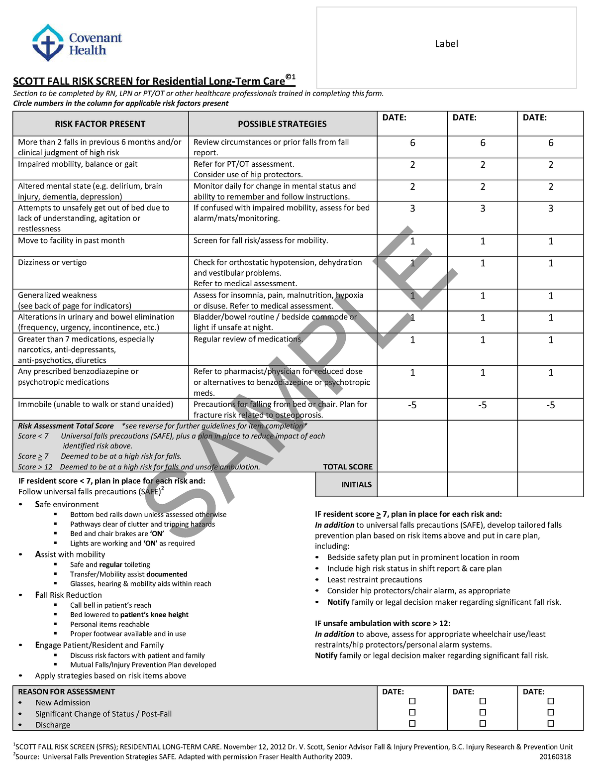 Scott Falls Risk Assessment Tool - RISK FACTOR P RESENT POSSIBLE