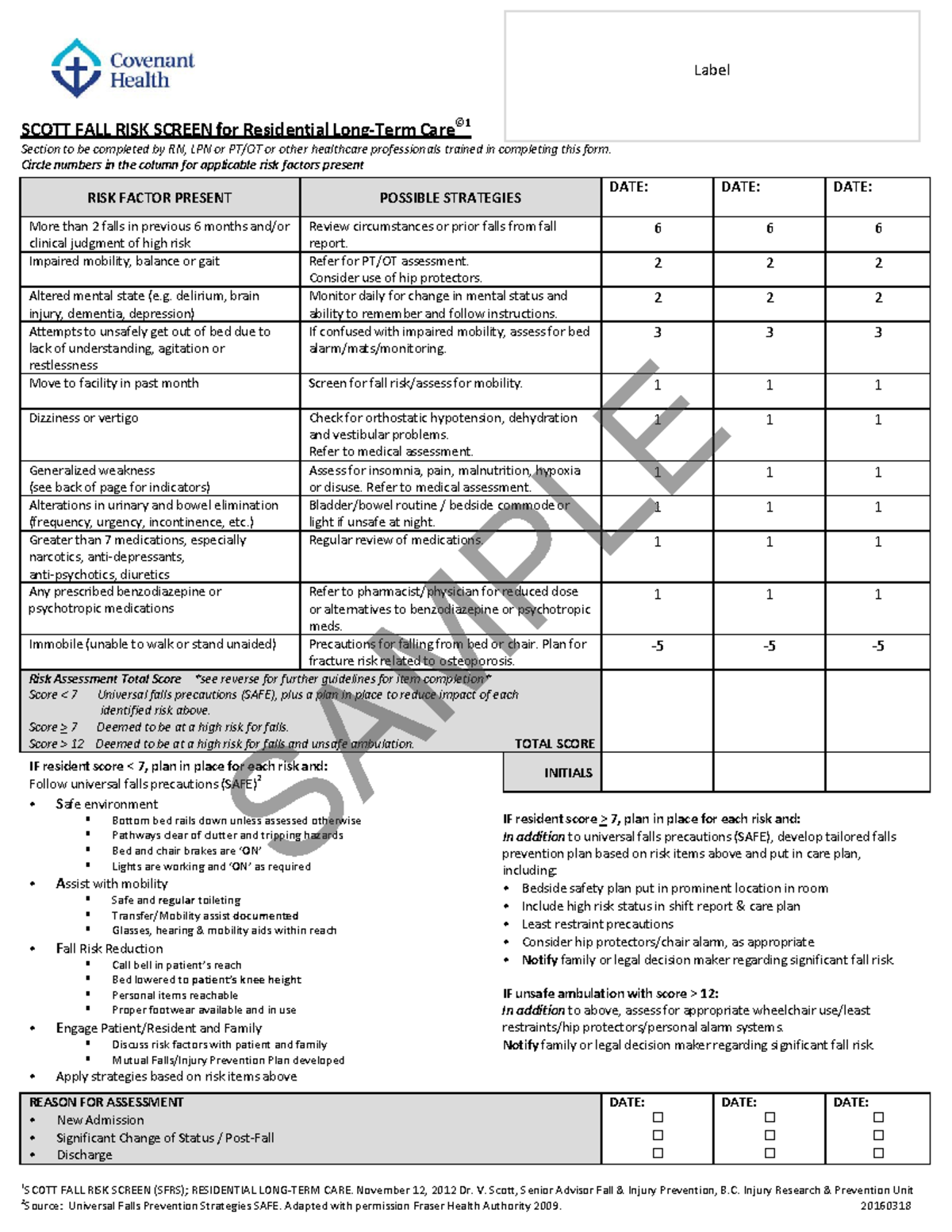 Scott Falls Risk Assessment Tool RISK FACTOR P RESENT POSSIBLE