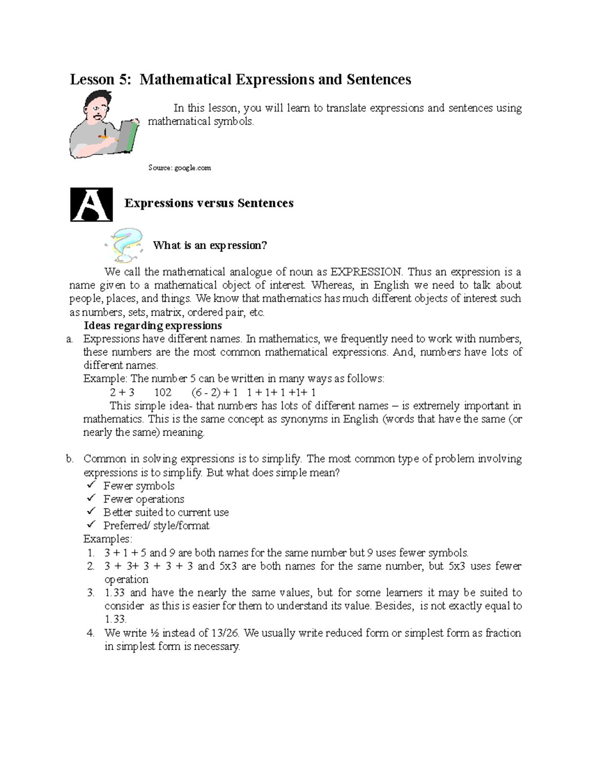 Lesson 5 Notes for UTS Lesson 5 Mathematical Expressions and