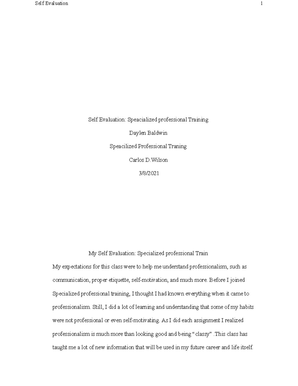 specialized training Self Evaluation 1 Self Evaluation Speacialized