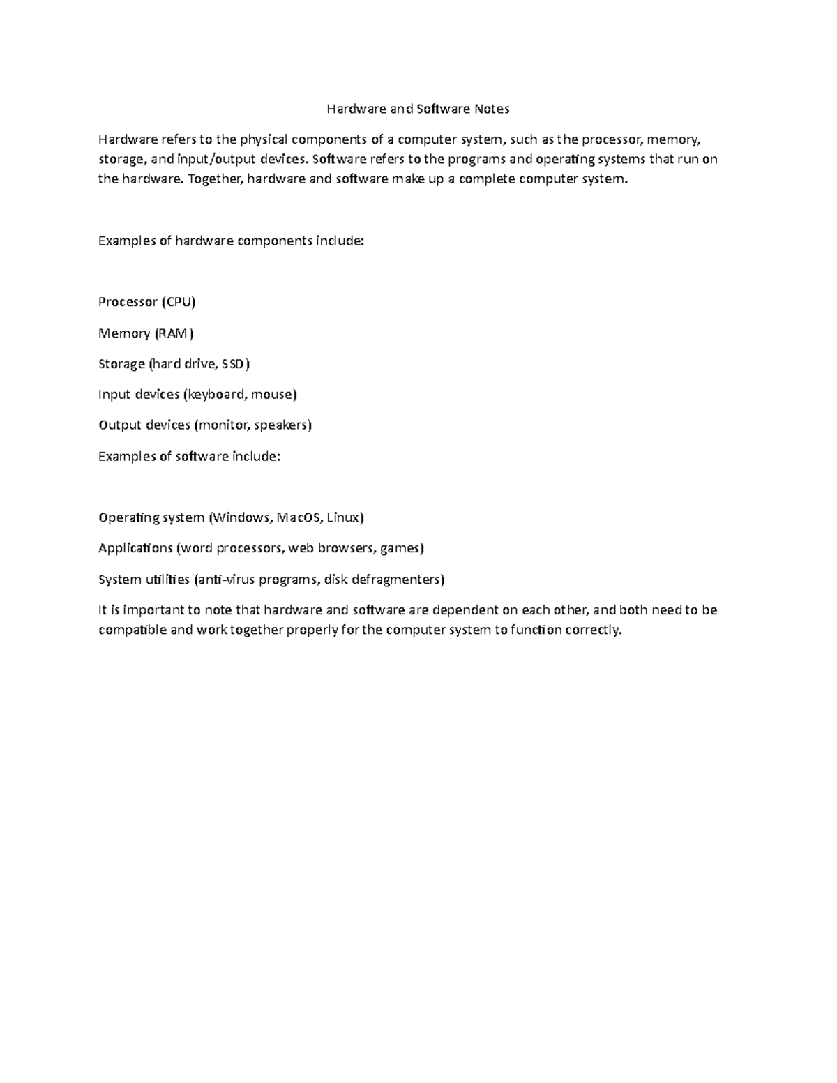 Hardware and Software Notes Hardware and Software Notes Hardware