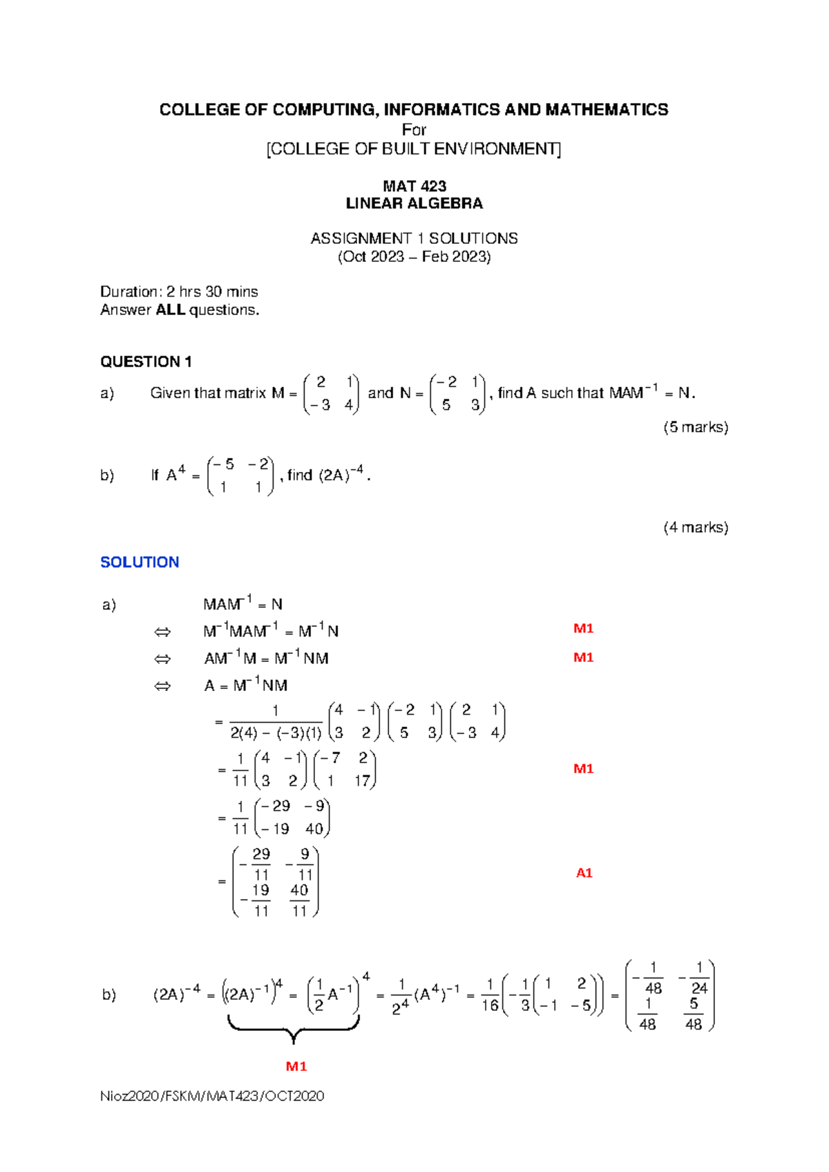 OKT23 Assignment 1 Solns - COLLEGE OF COMPUTING, INFORMATICS AND ...