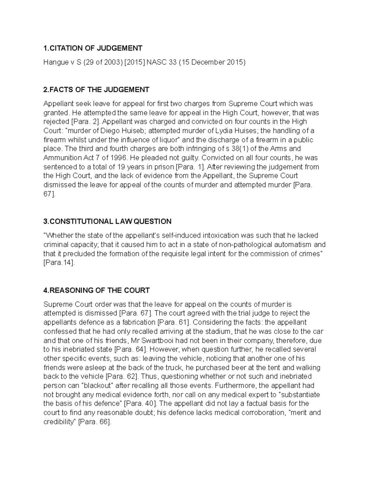 Case Brief topic 7 con law 1 OF JUDGEMENT Hangue v S (29 of 2003) [2015] NASC 33 (15