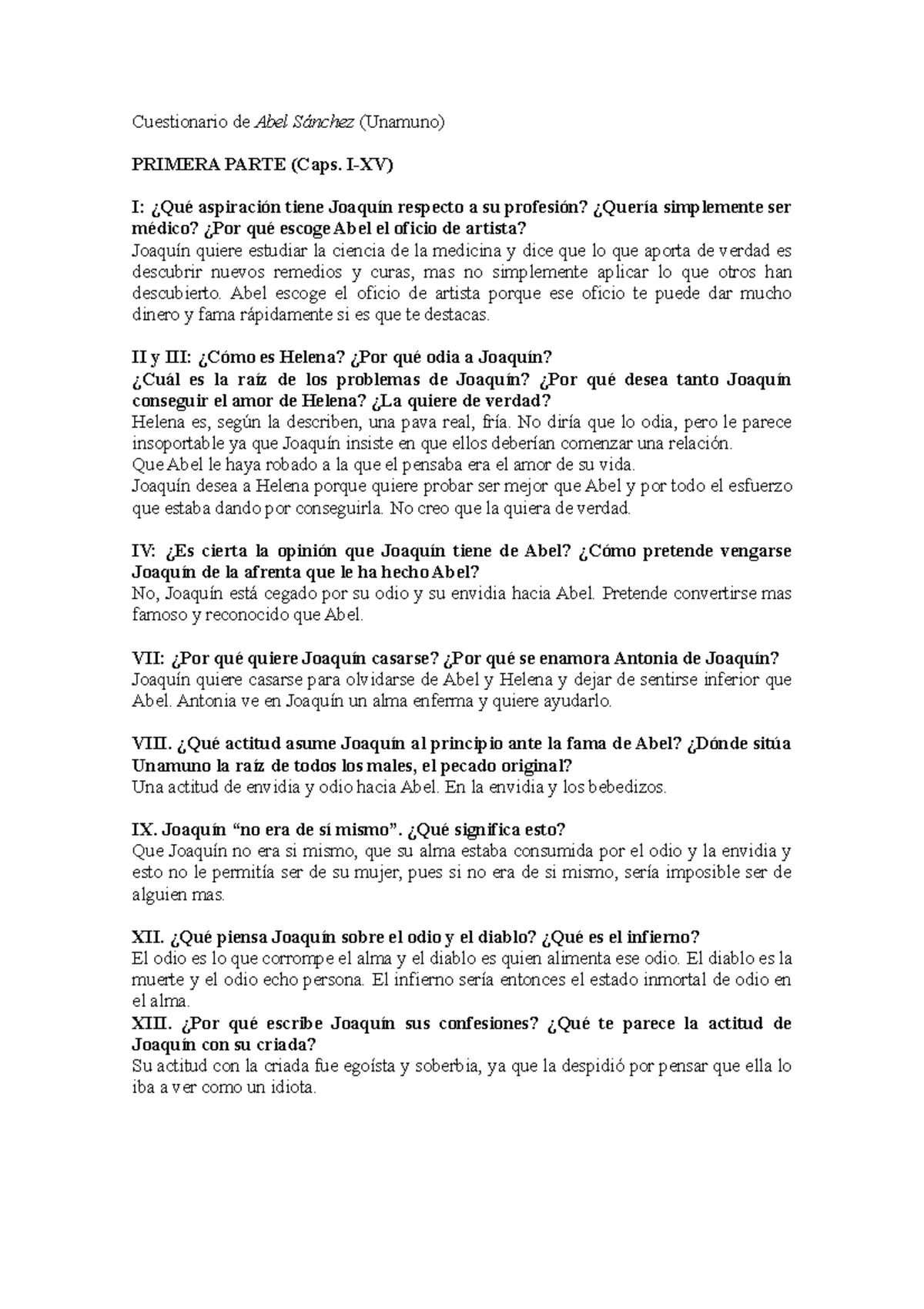 Abel Sanchez Cuestionario Cuestionario De Abel Sanchez Unamuno Primera Parte Caps I Xv I Studocu