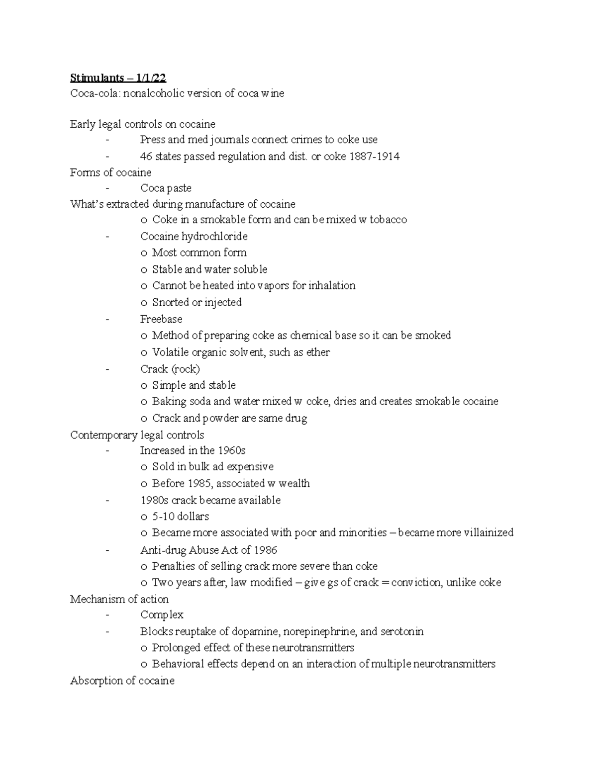 Drugs and behavior - unit 9: Stimulants - Stimulants – 1/1/ Coca-cola ...