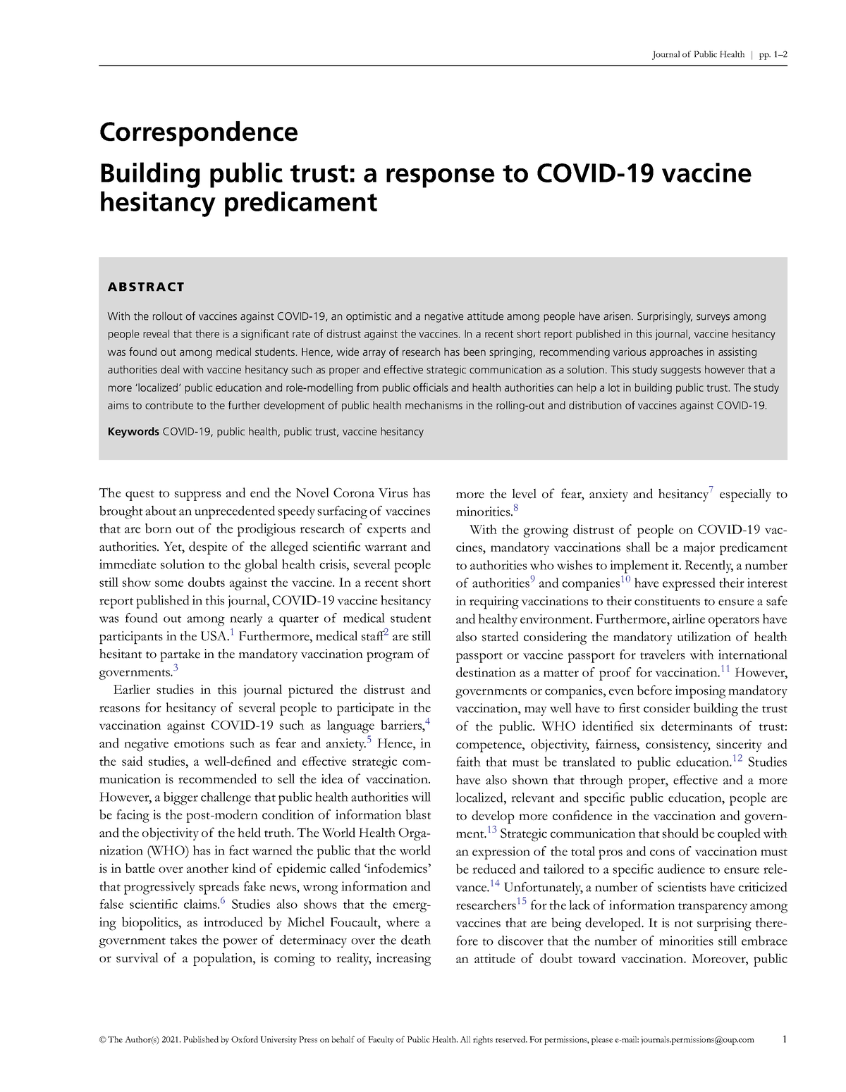 Building public trust - a response to Covid-19 vaccine hesitancy ...