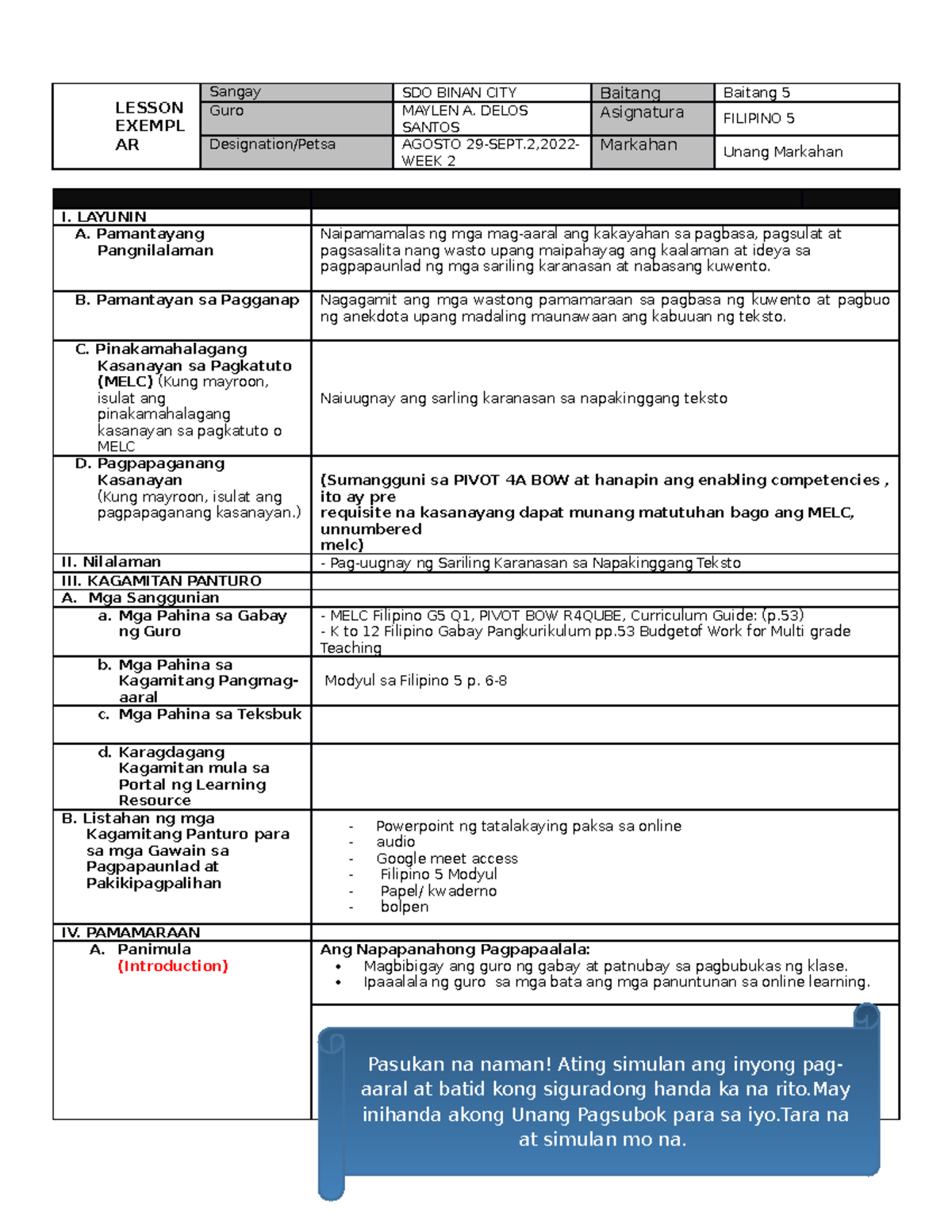 IDEA LE Filipino 5 -Q 1 W 2 - LESSON EXEMPL AR Sangay SDO BINAN CITY ...