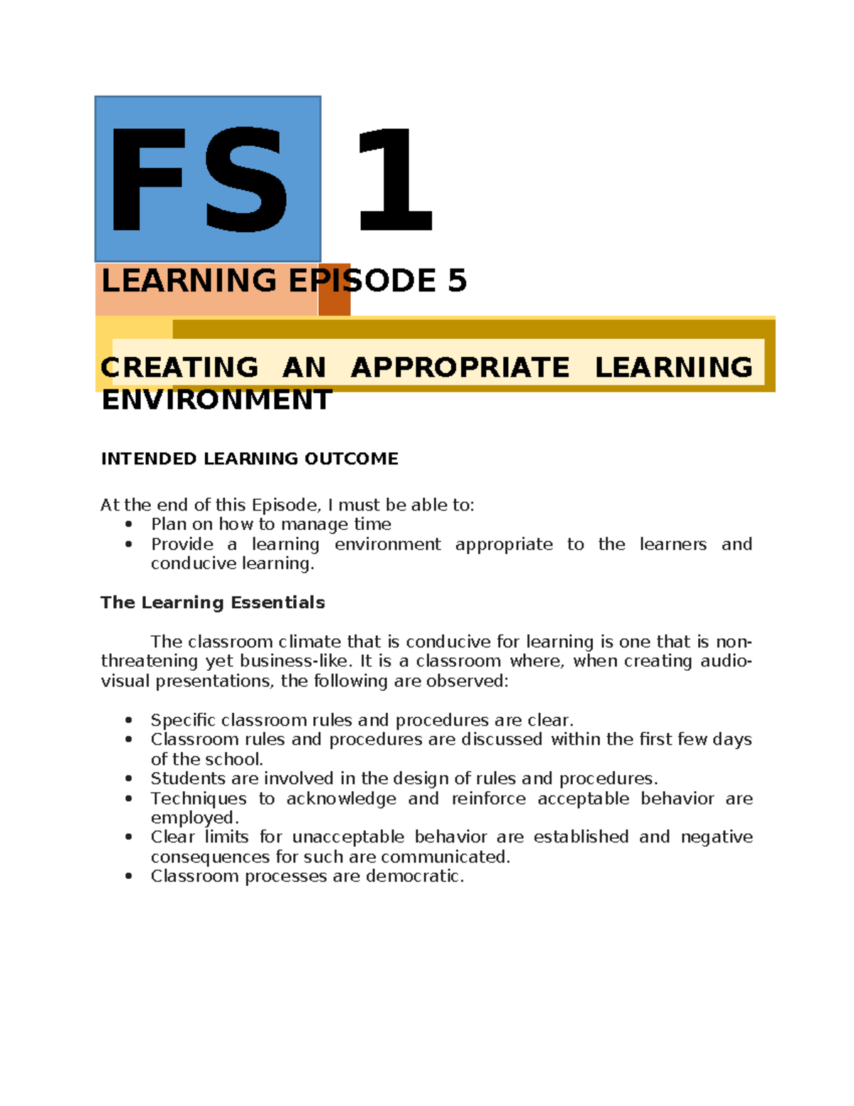 FS 1 - Episode 5 - FS 1 LEARNING EPISODE 5 CREATING AN APPROPRIATE ...