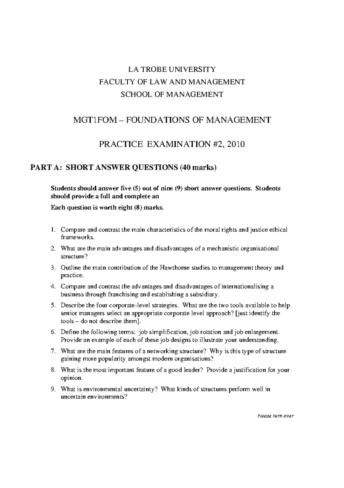 Exam 2010, questions Practice examination 2 LA TROBE UNIVERSITY