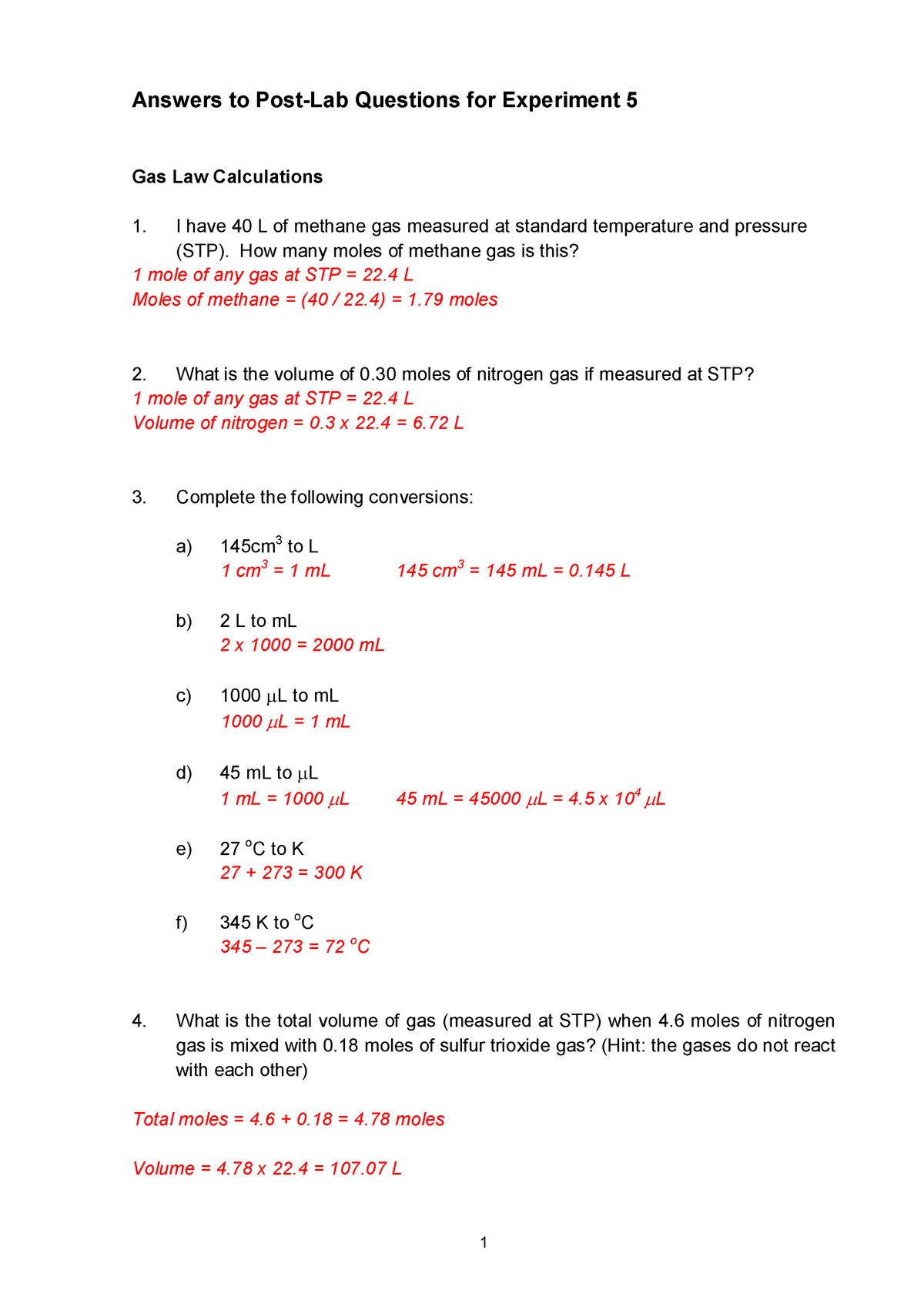 Measurements And Numbers Worksheet Post Lab Questions