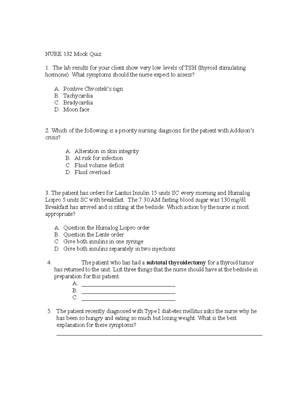 NURE132 Endocrine Mock Quiz - NURE 132 Mock Quiz The lab results for ...