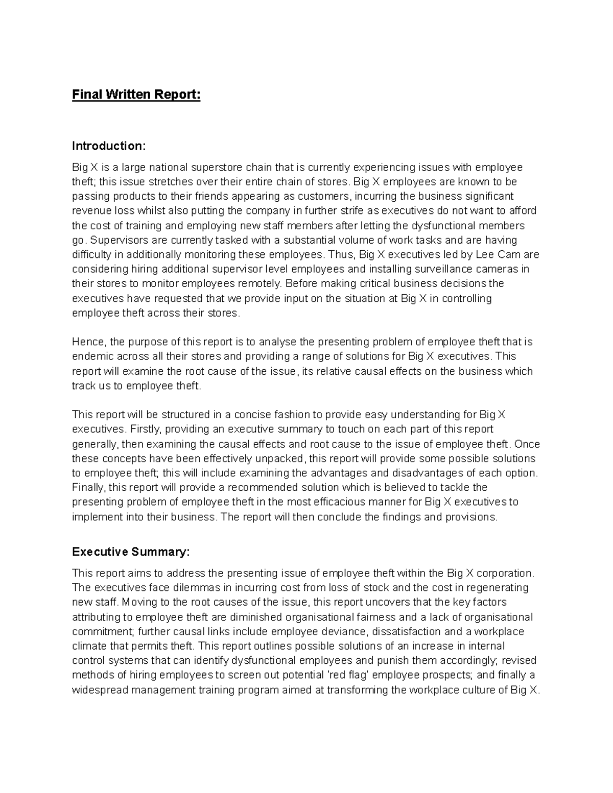 A3 Intro to Management - Final Written Report: Introduction: Big X is a ...