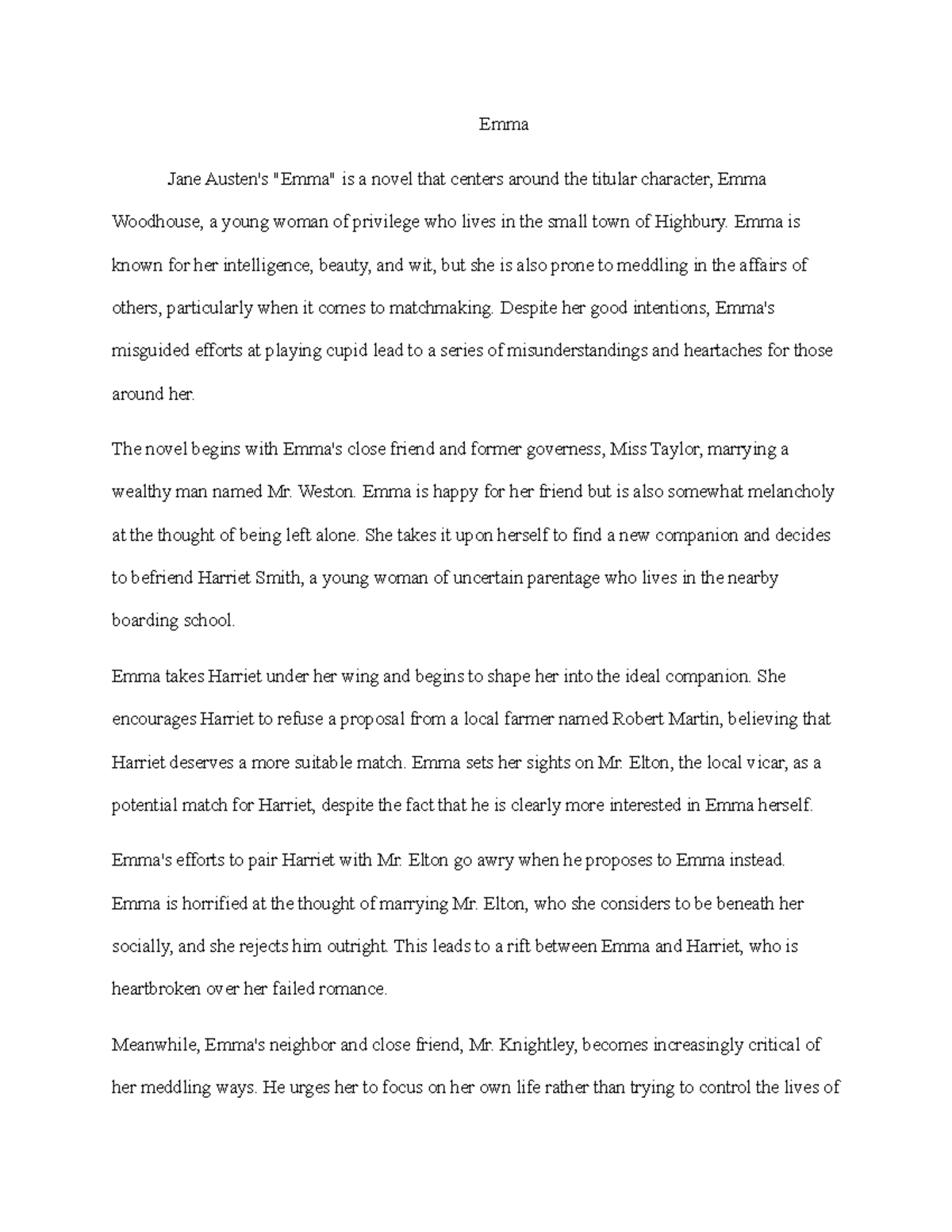 Emma Summary on the book Emma by Jane Austen Emma Jane Austen's