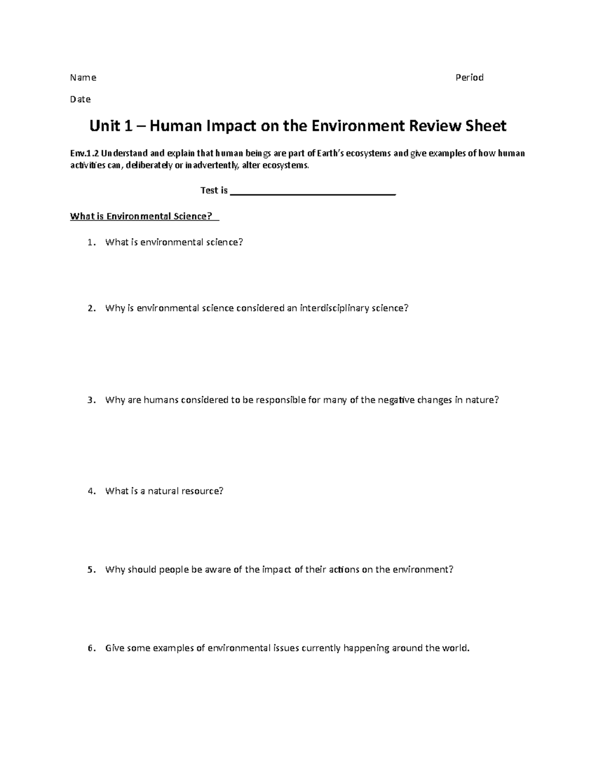 Unit 1 Human Impact On The Environment Review Sheet Name Period