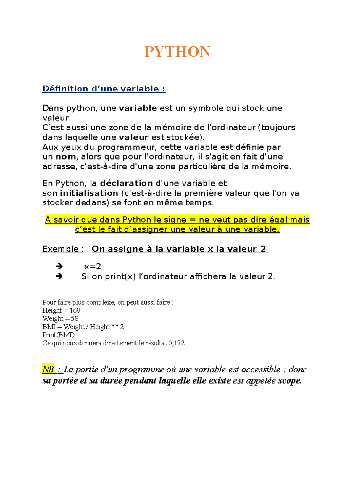 Python - PROGRAMMATION - PYTHON Définition d’une variable : Dans python ...