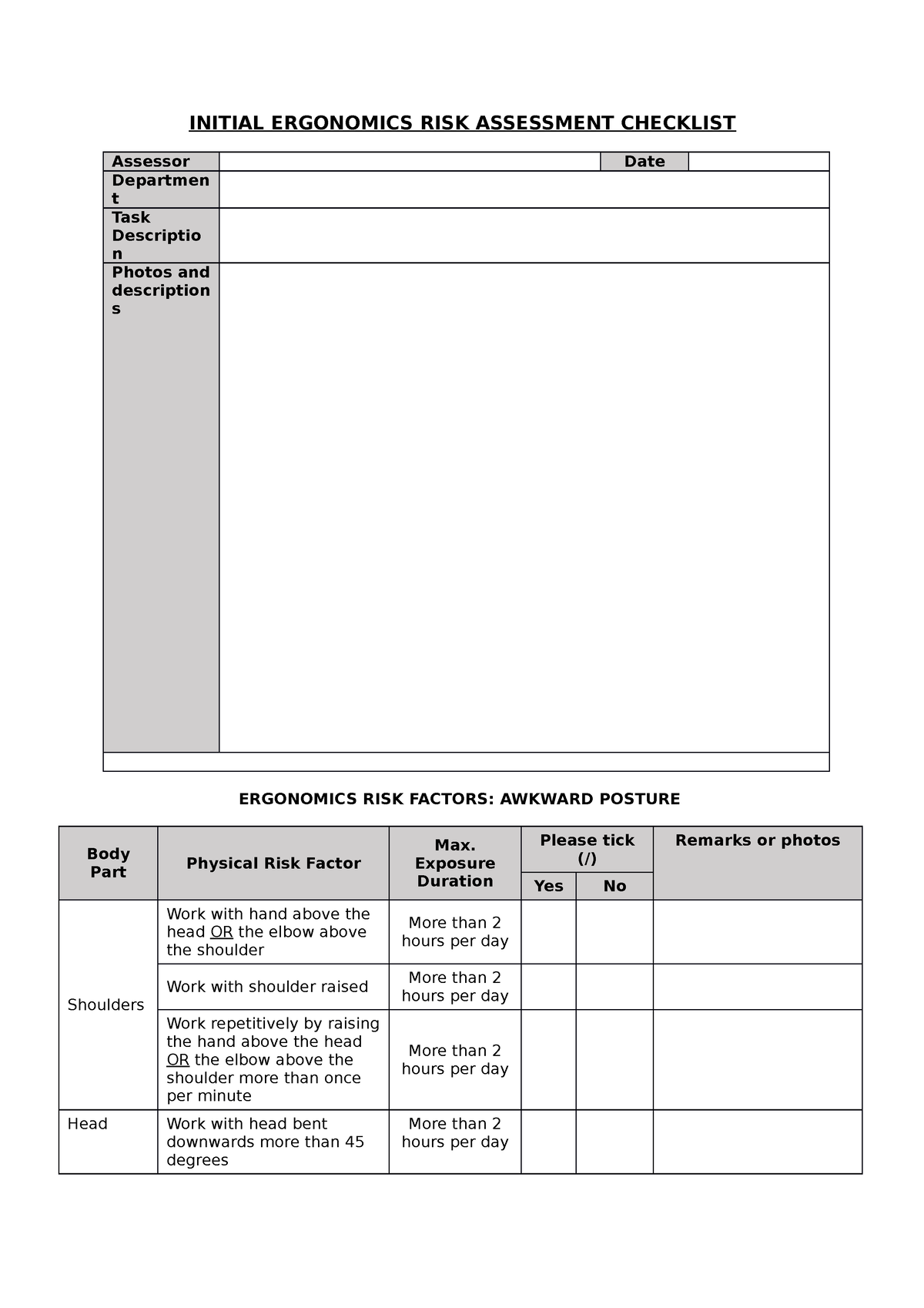 Iera Checklist 1 Task Note Initial Ergonomics Risk Assessment Checklist Assessor Date 5572