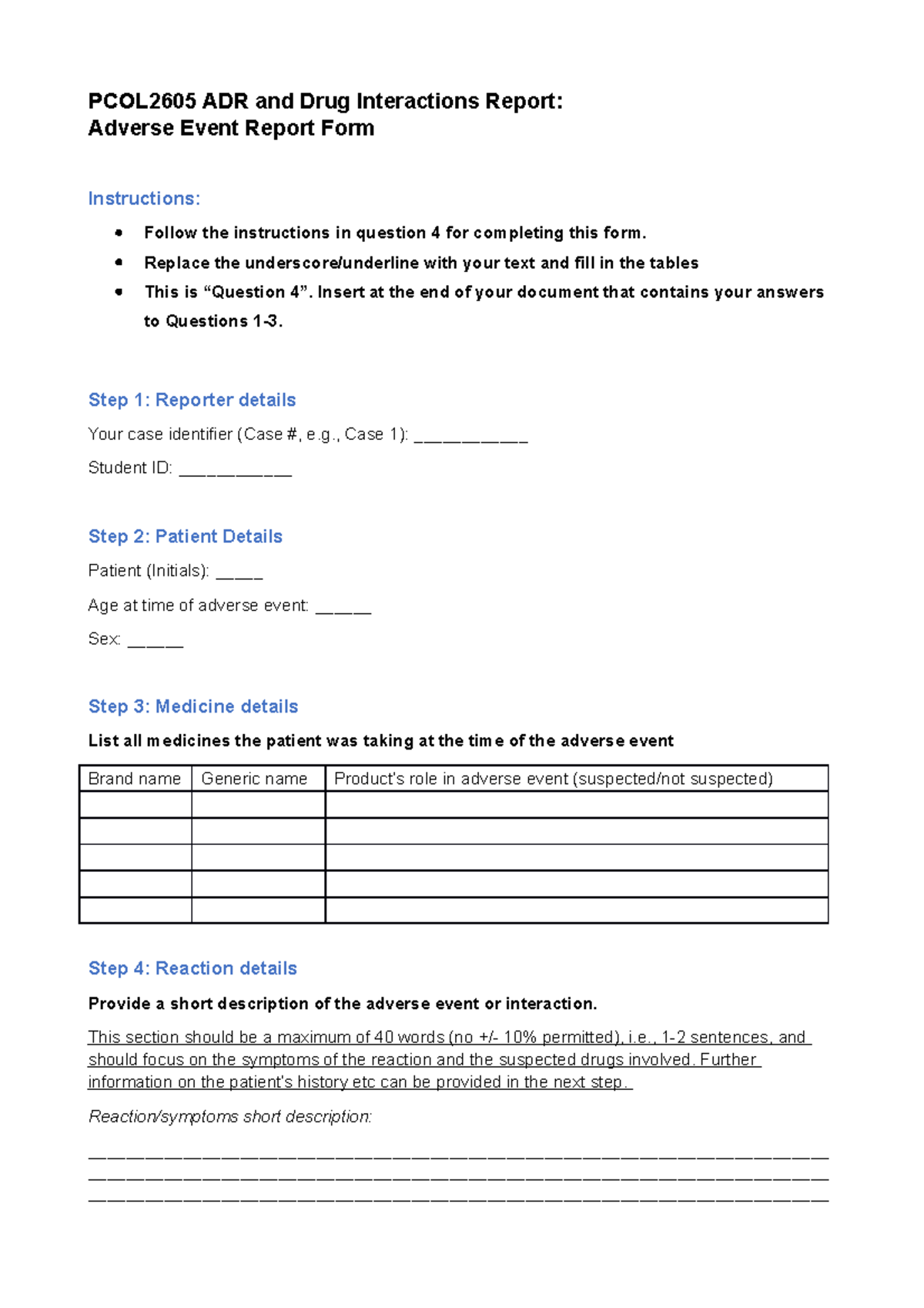 PCOL2605 Adverse Event Report Form template - PCOL2605 ADR and Drug ...