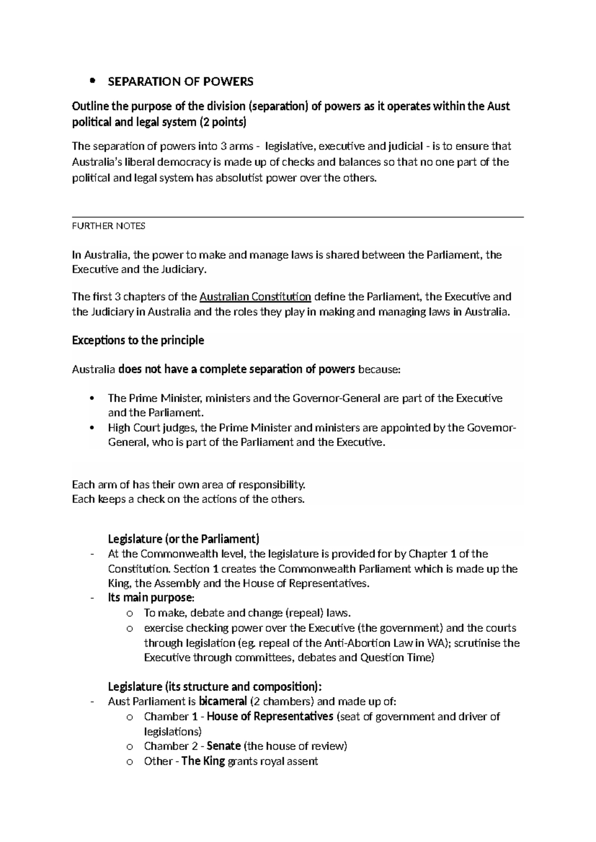 Notes Politica and Law - Semester 1 content - SEPARATION OF POWERS ...