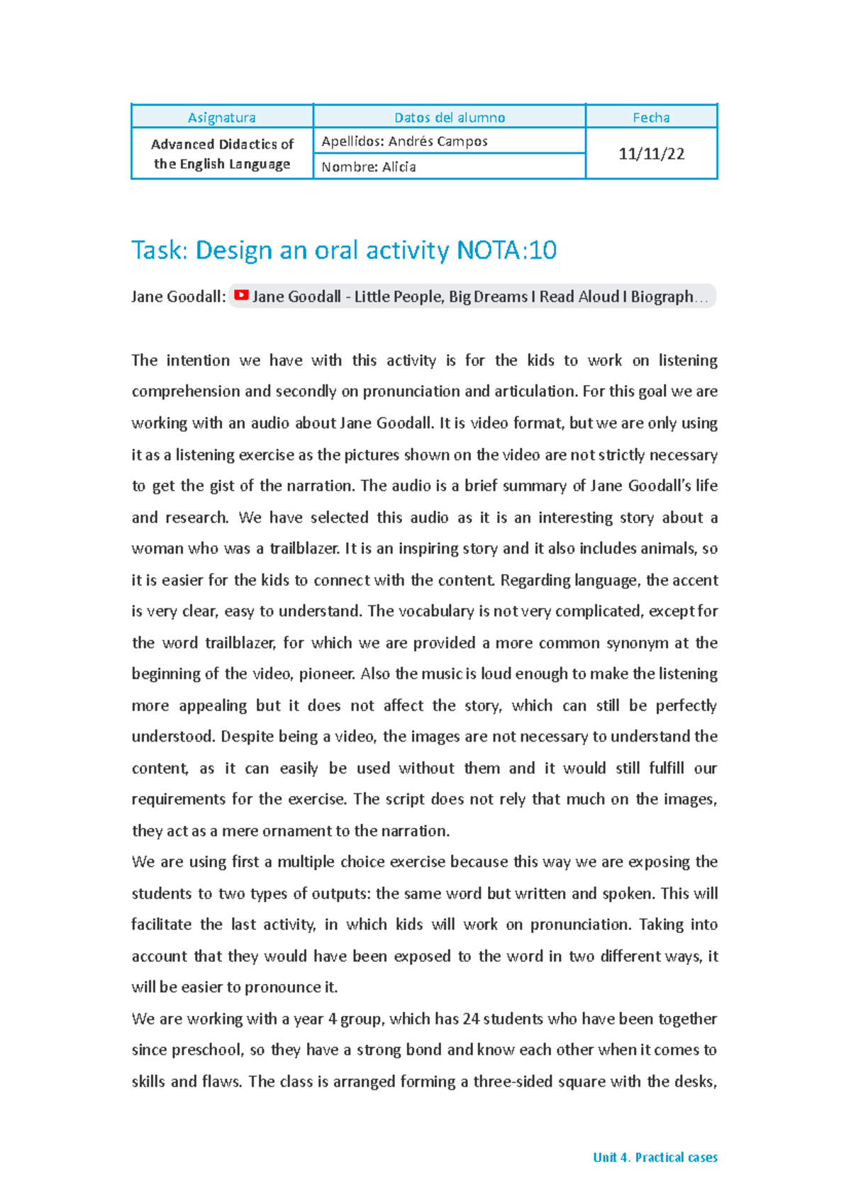 Act1 Design An Oral Act Alicia Andres - Advanced Didactics of the ...