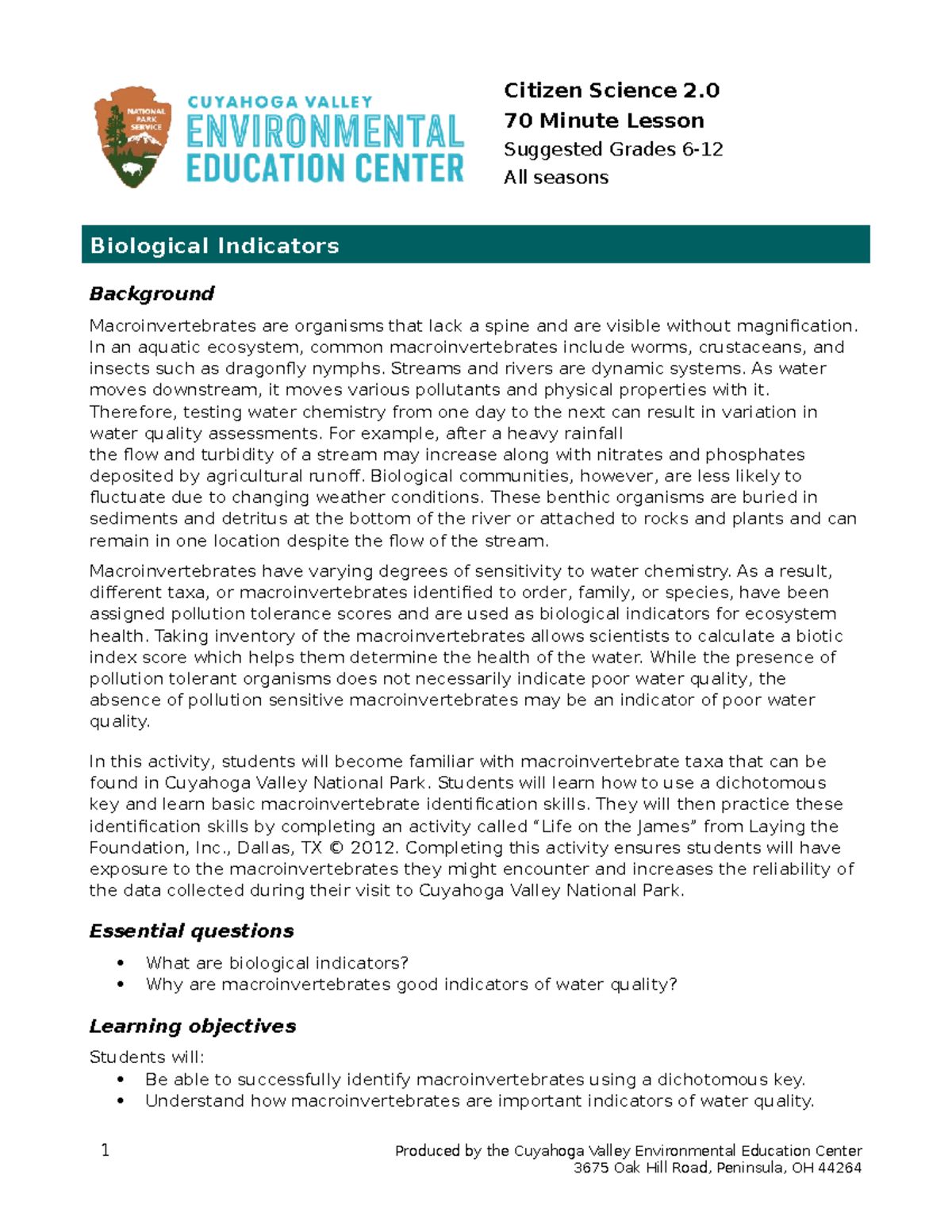 Biological Indicators Lesson Plan Citizen Science 2. 70 Minute Lesson