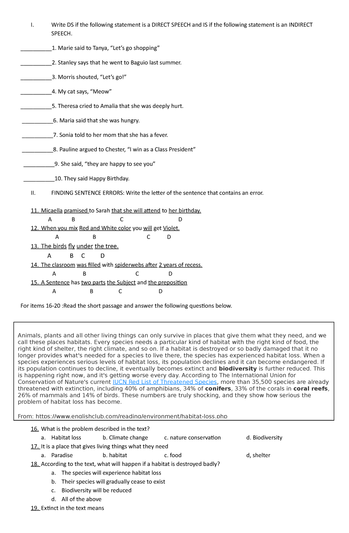 20 items test - I. Write DS if the following statement is a DIRECT ...