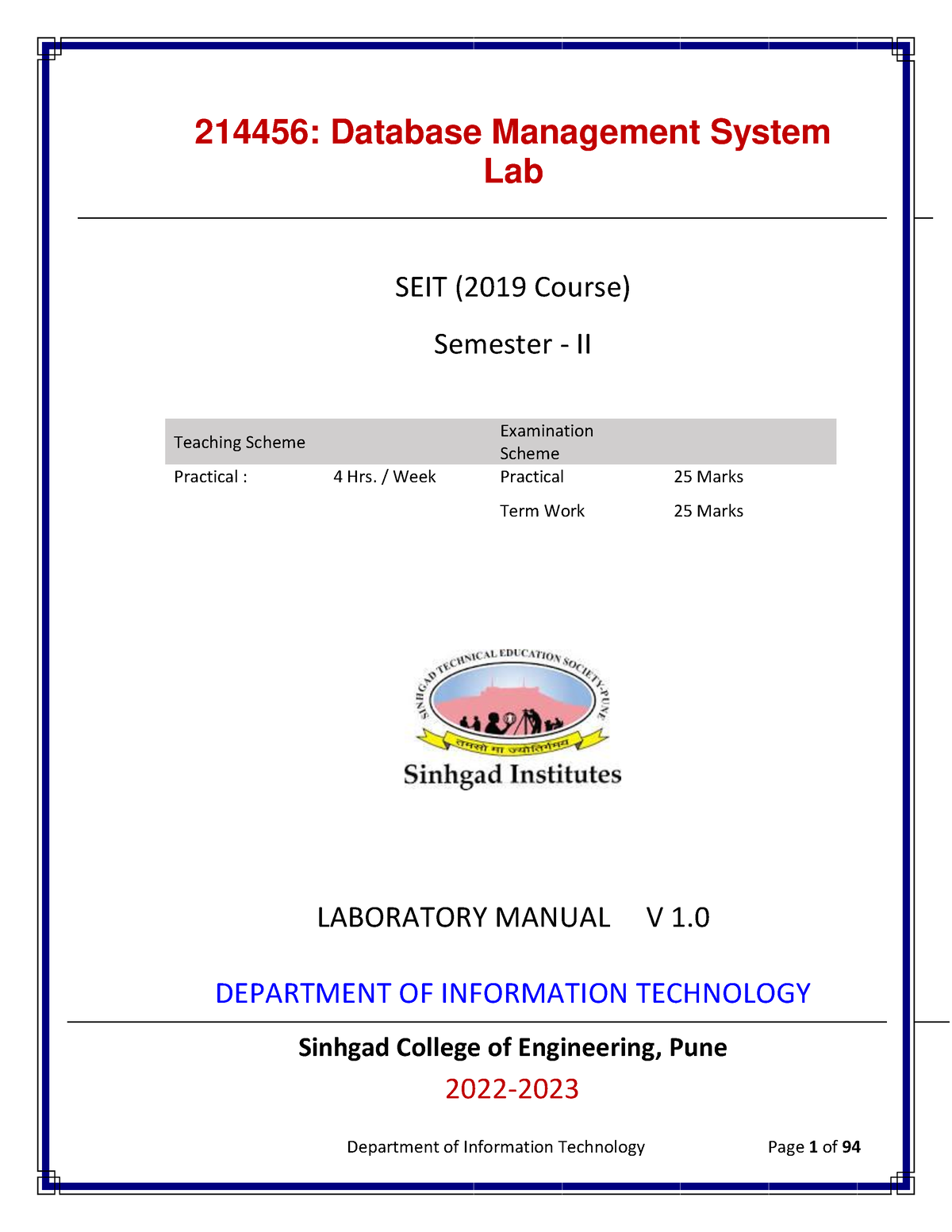 DBMS LAB Manual 214456 Database Management System Lab SEIT (20 19